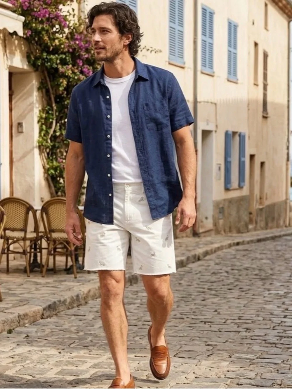J Crew White Broken In Embroidered Scorpion Cut Off Bermuda Shorts Mens sz31 EUC